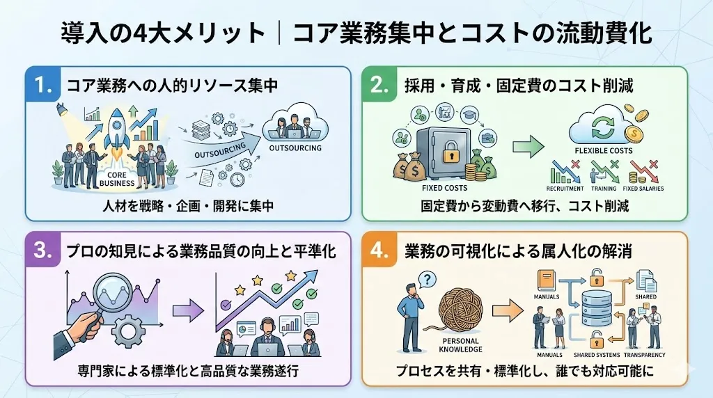 導入の4大メリット｜コア業務集中とコストの流動費化
